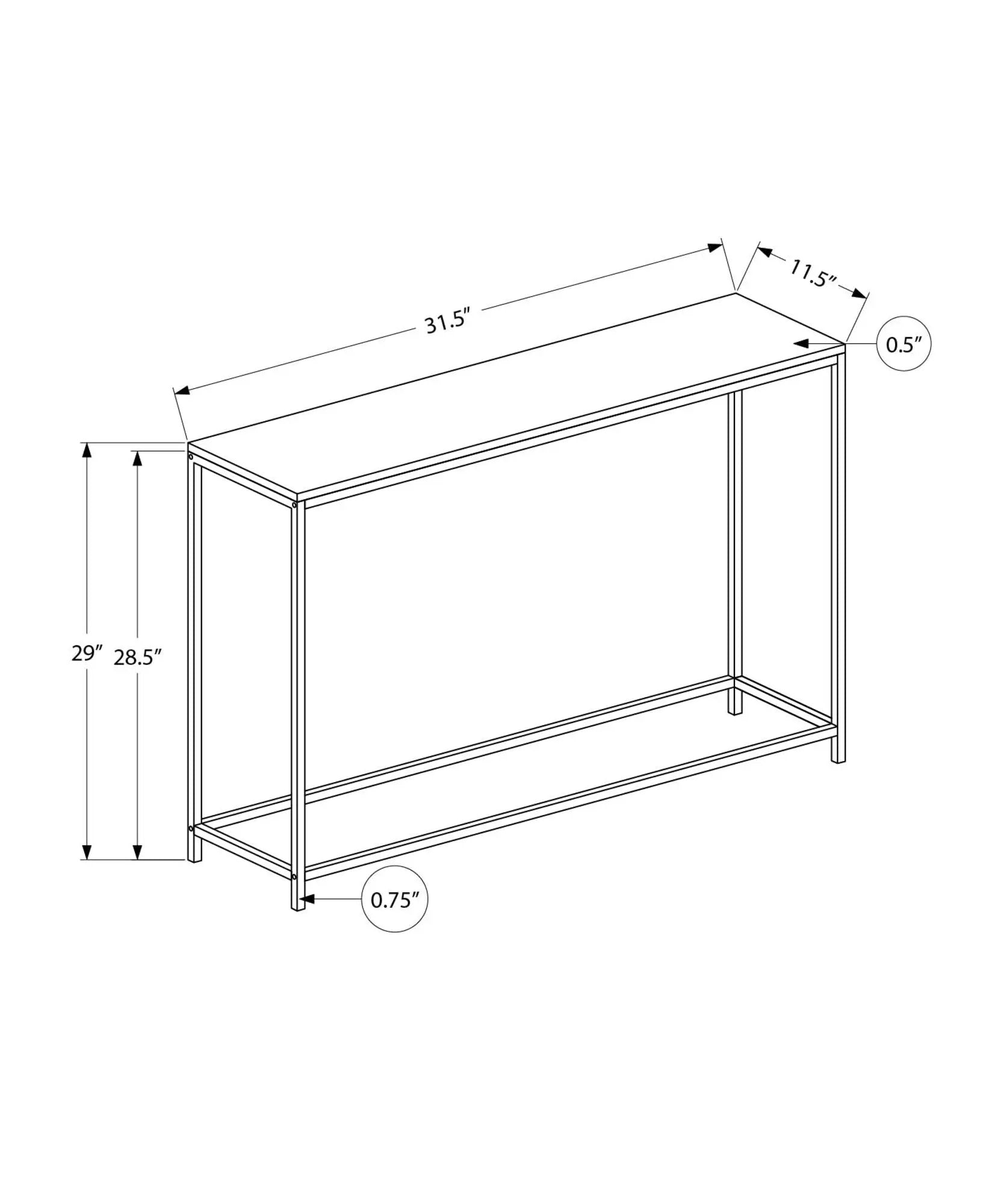 Accent Console Table line drawing; slim metal frame; 31.5in L x 11.5in D x 29in H UniquePieceFurniture on Tampa Home & Garden Store