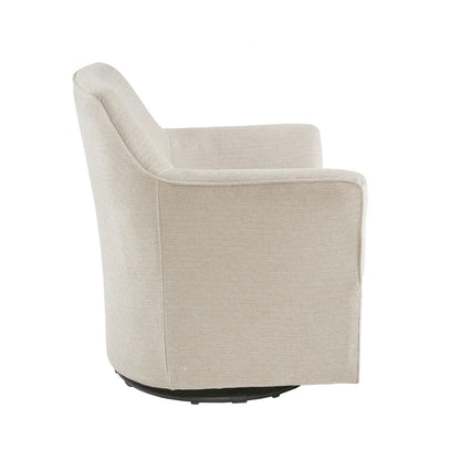 Swivel glider chair in beige textured fabric with metal base and 360° rotation on Tampa Home & Garden Store