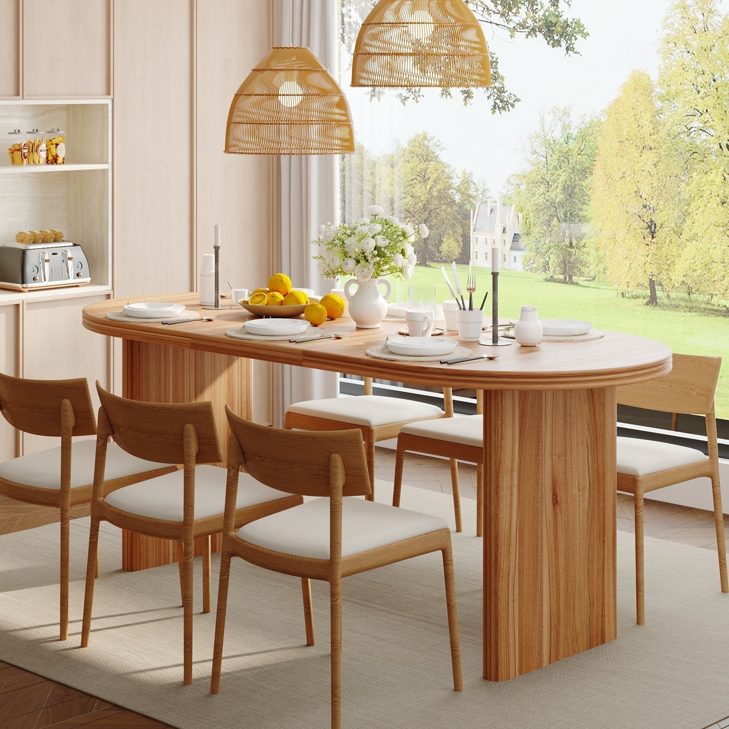 Modern Extendable Dining Table with Removable Leaves in warm wood, set with white dishes on Tampa Home & Garden Store