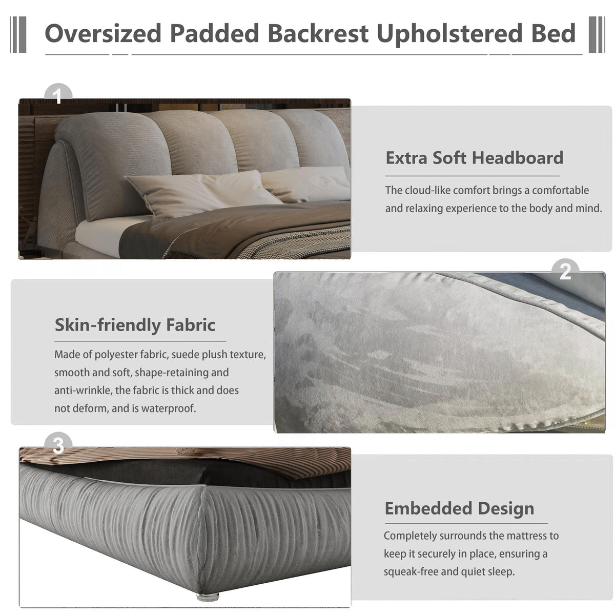 Luxury upholstered platform bed with padded backrest in grey fabric by HouseOfZazla on Tampa Home & Garden Store