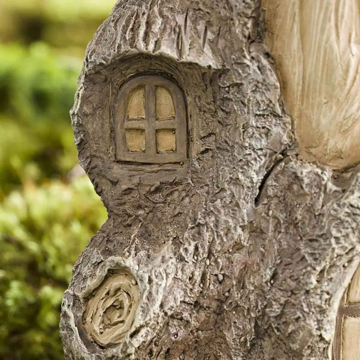 Garden decoration resin tree-trunk hollow ornament with tiny arched window door detail on Tampa Home & Garden Store