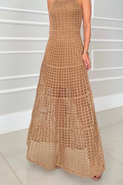 Long sleeveless cutout crochet maxi dress beige by Stevvex on Tampa Home & Garden Store