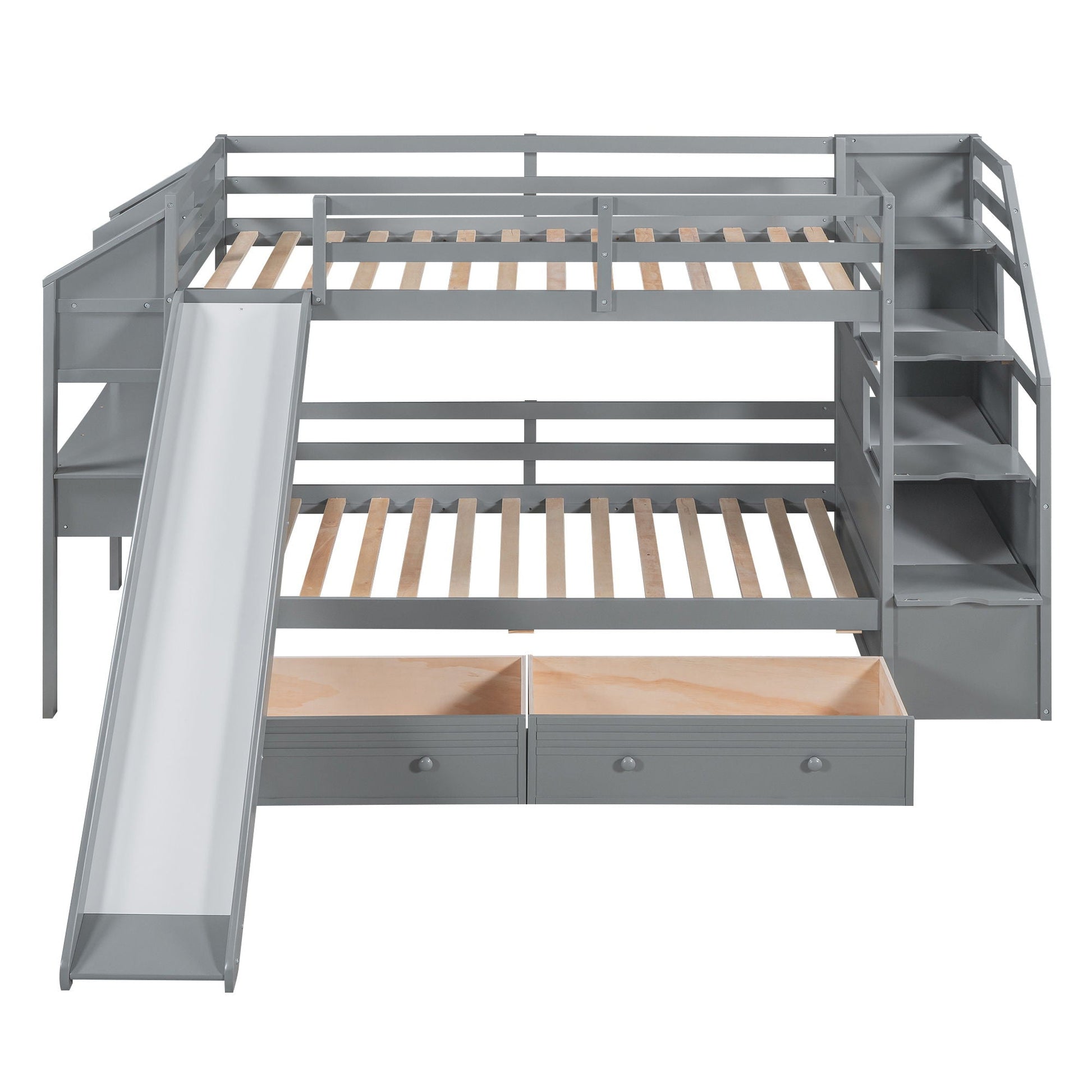 Gray metal bunk bed with storage staircase, slide, desk, drawers, shelves by HouseOfZazla on Tampa Home & Garden Store