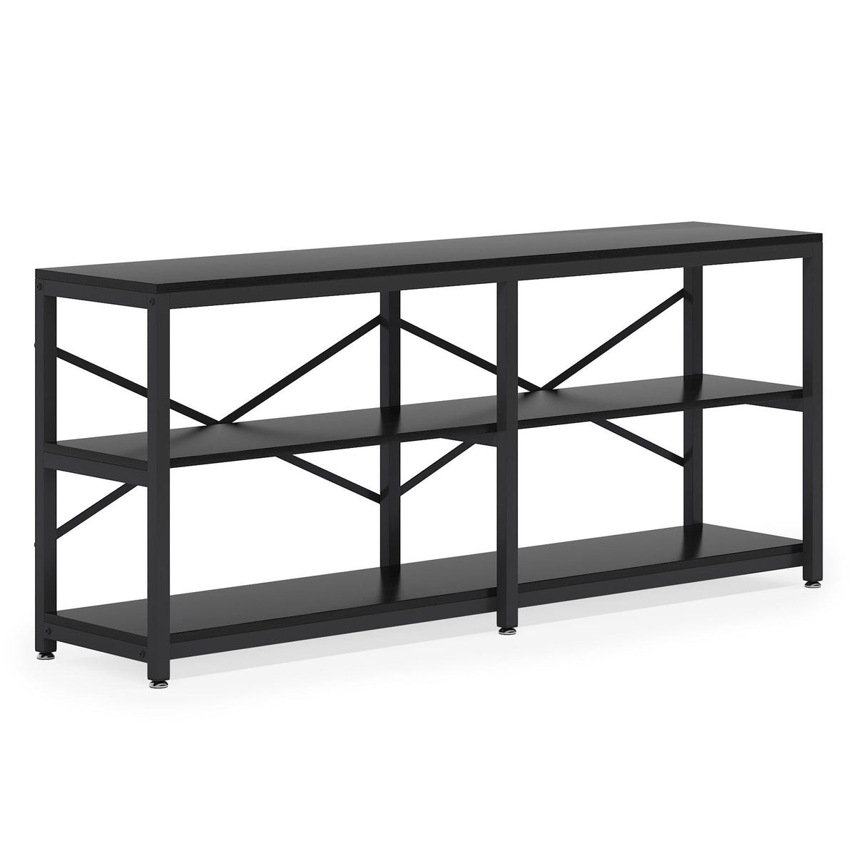 Extra Long Console Table with X Back Design and 3-Tier Storage in Black Metal on Tampa Home & Garden Store