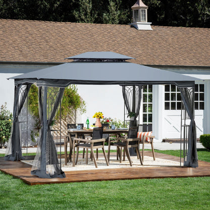 Patio gazebo tent with ventilated double roof and mosquito netting on gray canopy over deck on Tampa Home & Garden Store