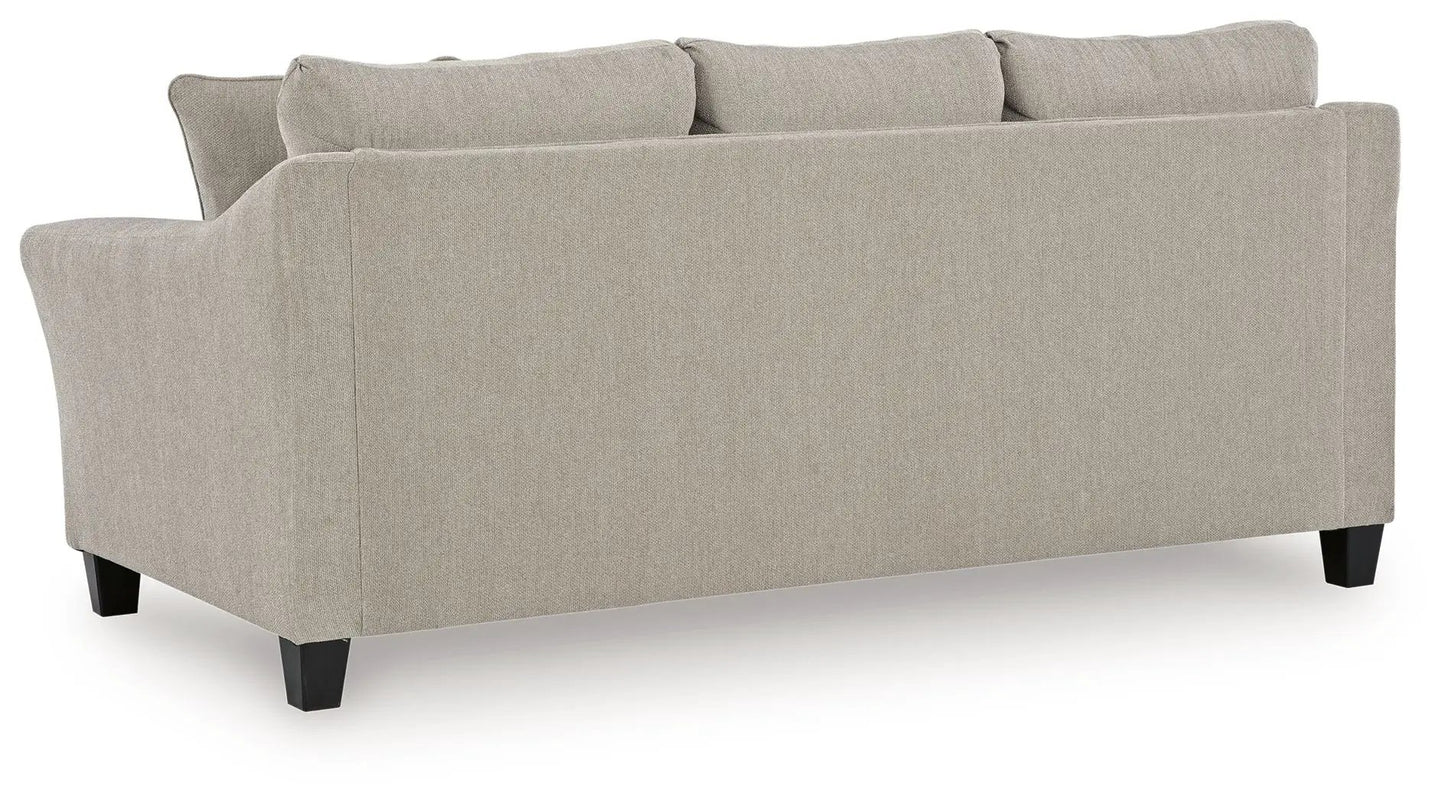 Willarae taupe stationary sofa in textured fabric with back cushions and dark legs on Tampa Home & Garden Store