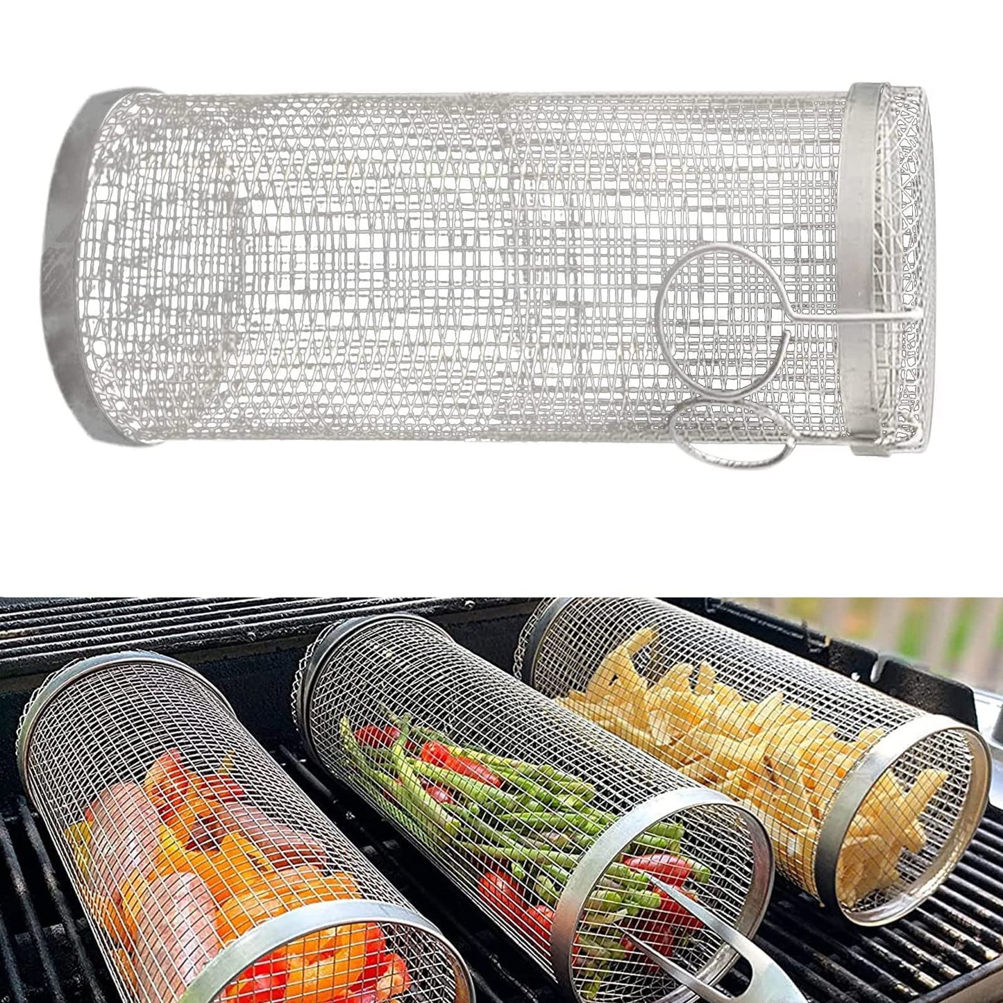 Perfecsy rolling grilling baskets metal mesh grill racks with vegetables on Tampa Home & Garden Store