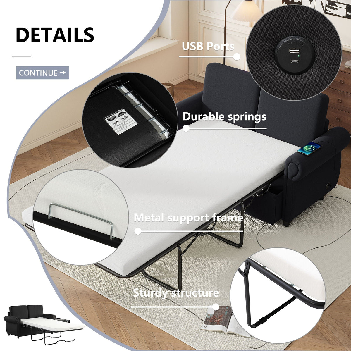 Pull Out Sofa Bed With Twin Memory Foam Mattress