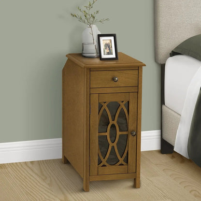 Accent Side Table with storage drawer in taupe wood finish, glass-front cabinet door on Tampa Home & Garden Store