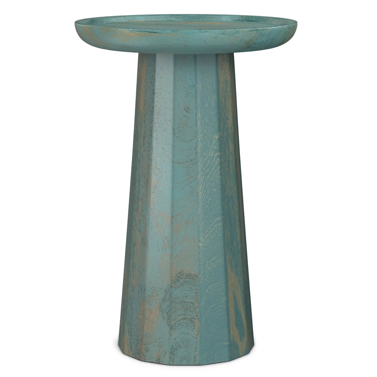 Dayton Handcrafted Wooden Accent Table with teal distressed finish and faceted pedestal base on Tampa Home & Garden Store