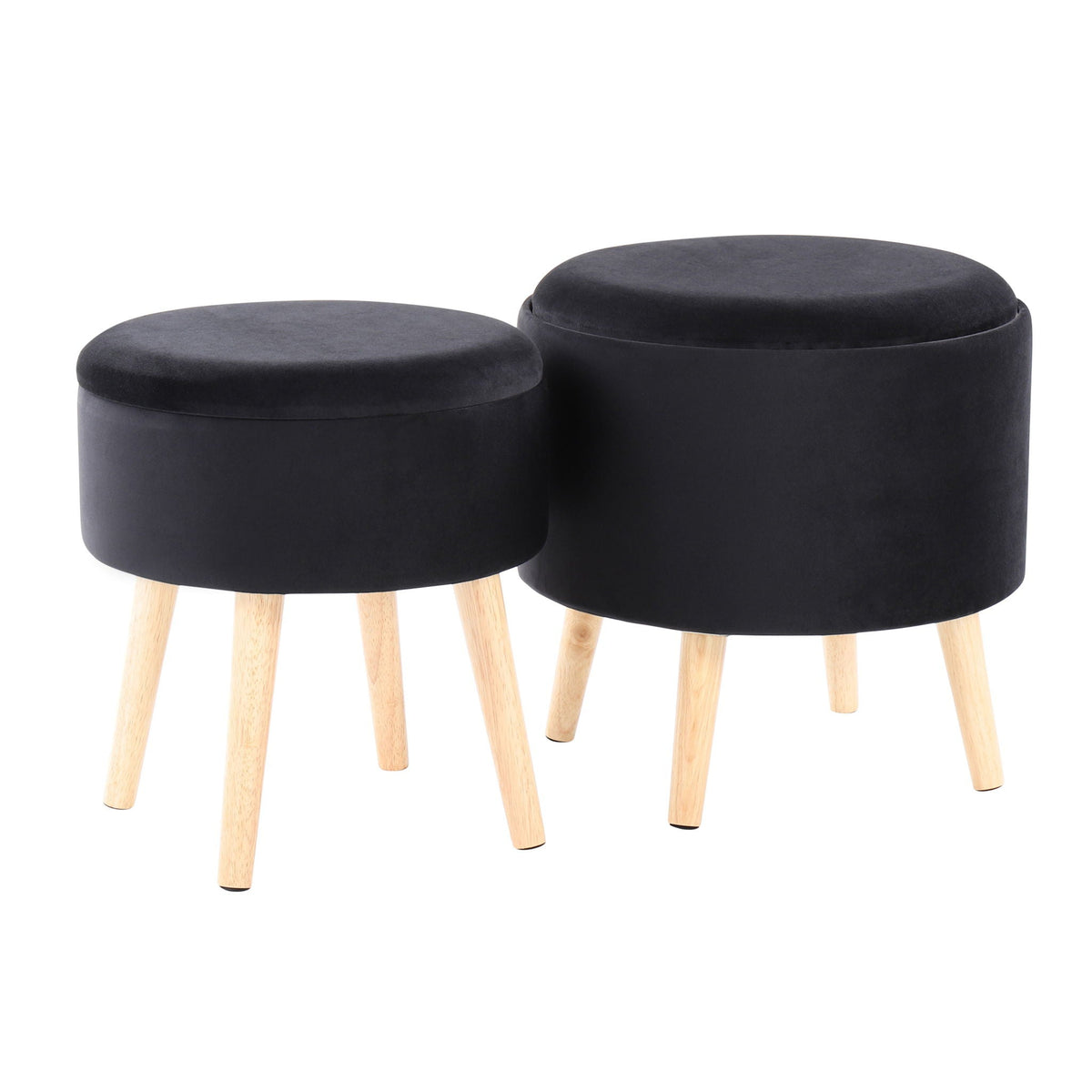 Contemporary storage ottomans set of 2 in black upholstery with natural wood legs on Tampa Home & Garden Store
