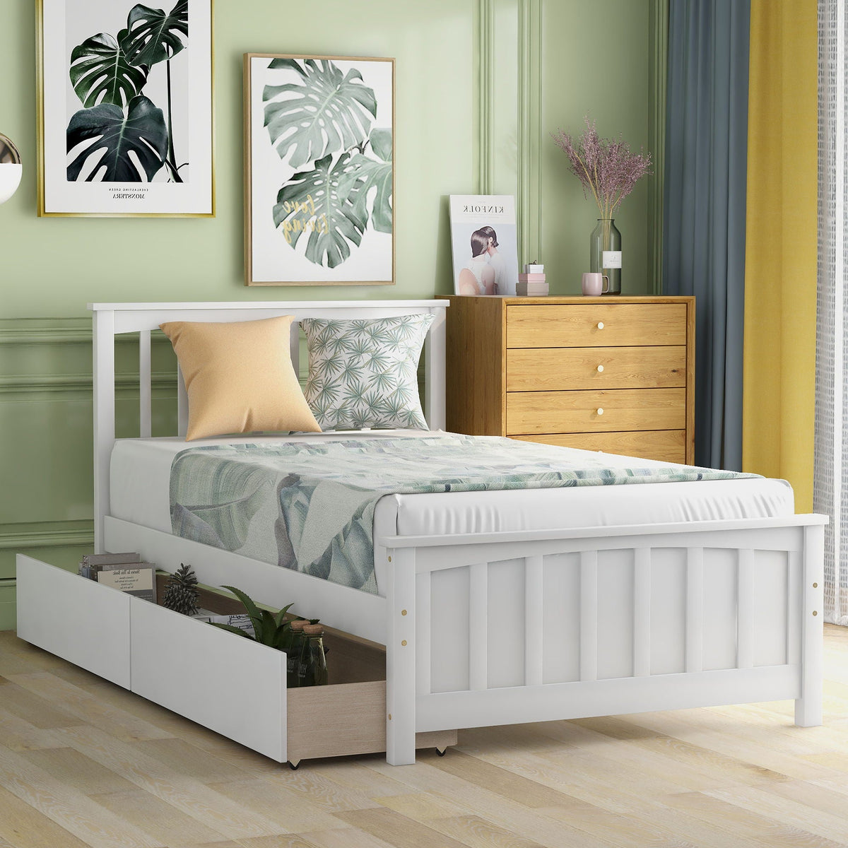 Solid Wood Platform Bed and Two Storage Drawers