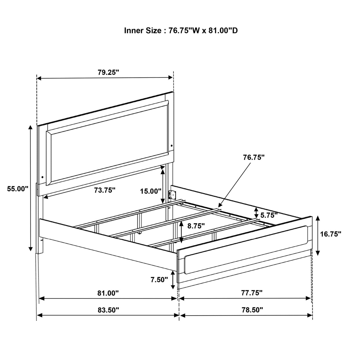 Sophia Panel Bed with LED Headboard by HouseOfZazla, schematic with dimensions on Tampa Home & Garden Store