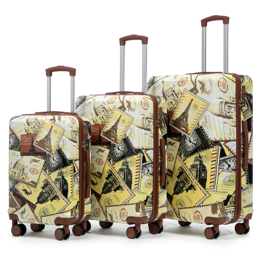3-Piece PC Spinner Wheel Luggage Set with Printed Paris Pattern brown trim by HouseOfZazla on Tampa Home & Garden Store