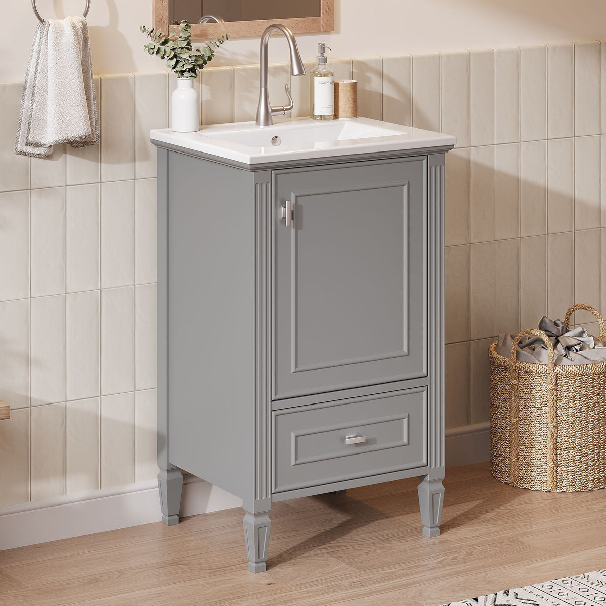 Retro bathroom vanity with sink by HouseOfZazla in dark gray with soft-closing doors on Tampa Home & Garden Store