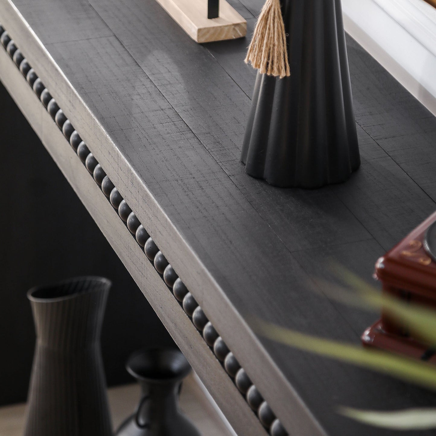 64in Modern black wood console table with decorative beaded trim in an entryway design on Tampa Home & Garden Store