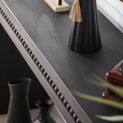 64in Modern black wood console table with decorative beaded trim in an entryway design on Tampa Home & Garden Store