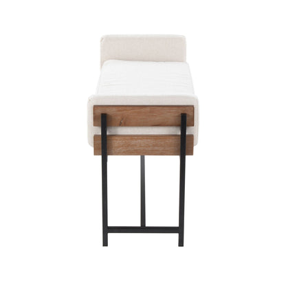 Upholstered farmhouse bench with beige fabric and wood panel accent, black metal legs on Tampa Home & Garden Store
