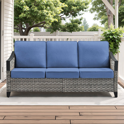 73.4-in wide outdoor wicker sofa with blue cushions by HouseOfZazla on a patio seating set on Tampa Home & Garden Store