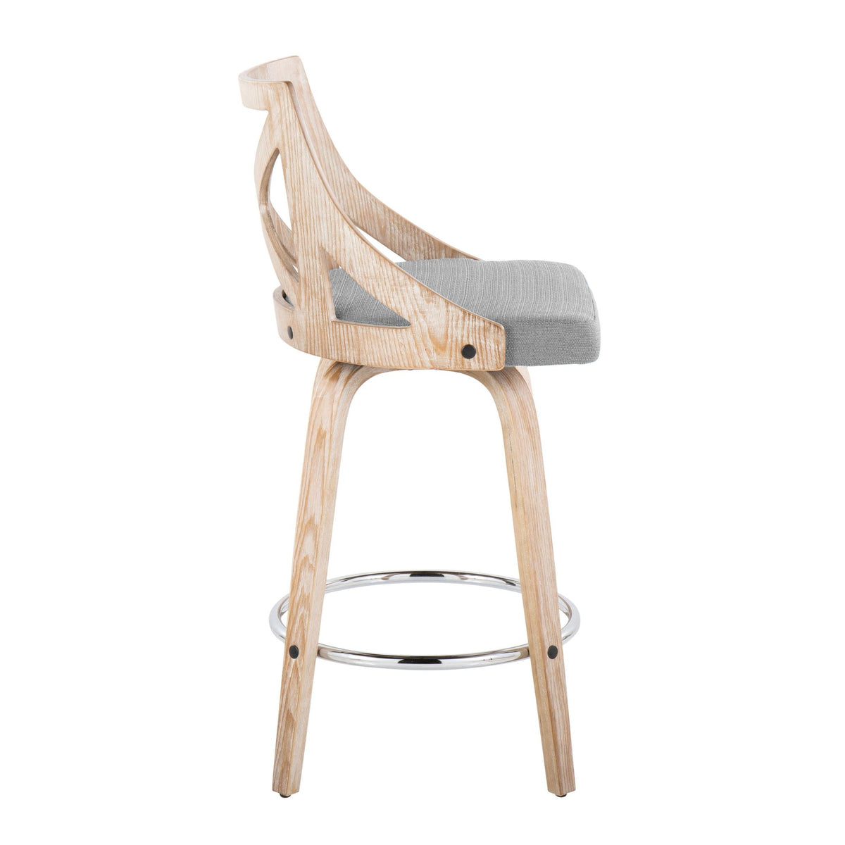 Farmhouse fixed-height counter stool with swivel gray fabric cushion and natural wood frame on Tampa Home & Garden Store