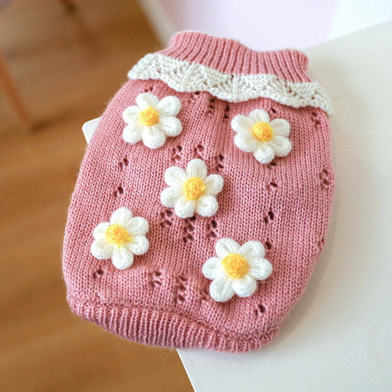 Bowknot pink knit dog sweater with white daisy appliques and lace collar detail on Tampa Home & Garden Store