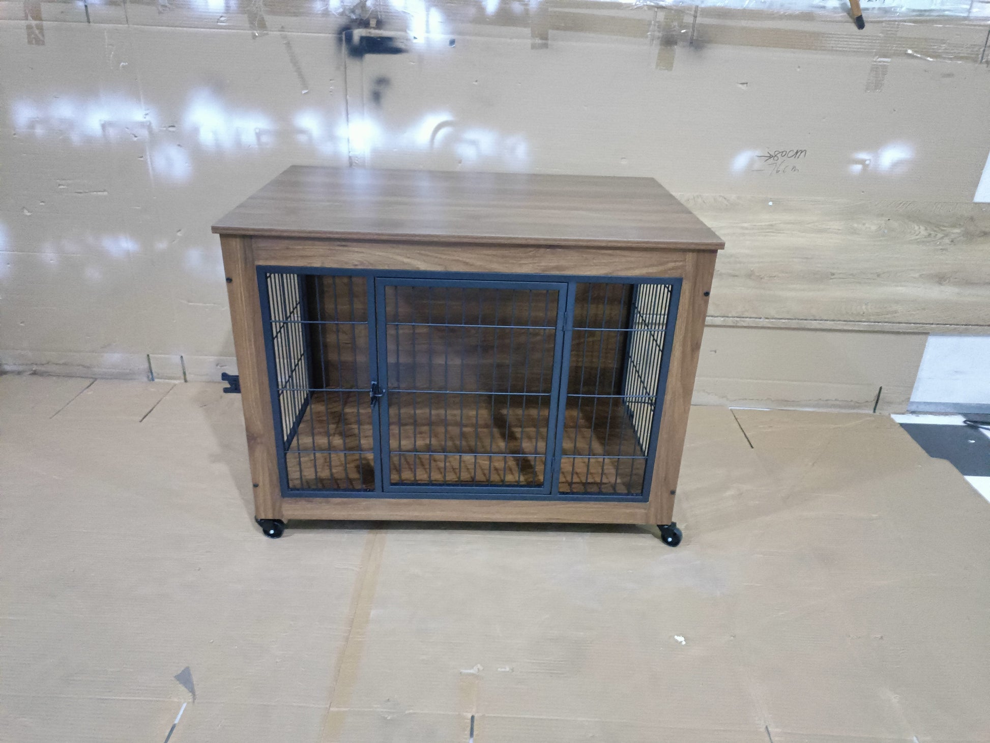 38.6in dog crate furniture with wheels; wooden cabinet with blue metal framed doors on Tampa Home & Garden Store