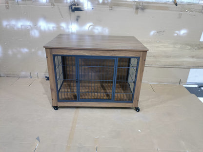 38.6in dog crate furniture with wheels; wooden cabinet with blue metal framed doors on Tampa Home & Garden Store