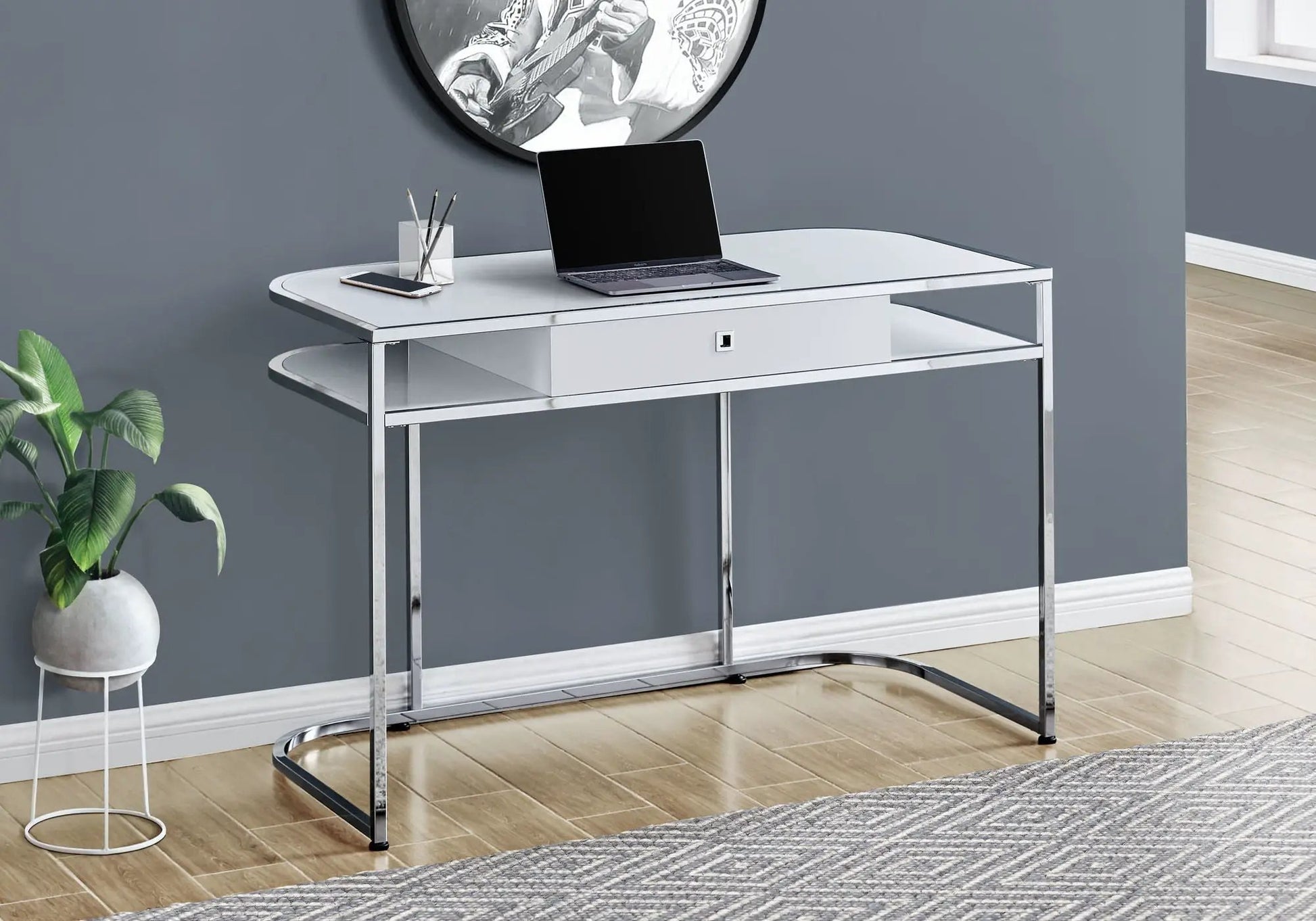 White computer desk with chrome frame and center drawer, laptop-ready home office on Tampa Home & Garden Store