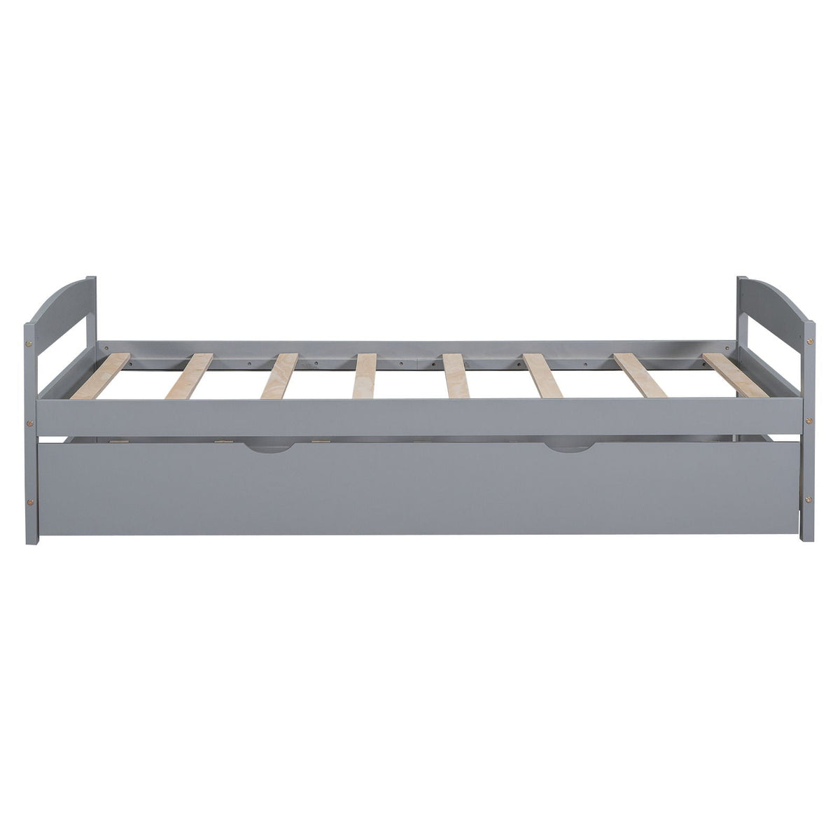 Platform bed with trundle in gray finish, curved headboard rails, and natural wood slats on Tampa Home & Garden Store