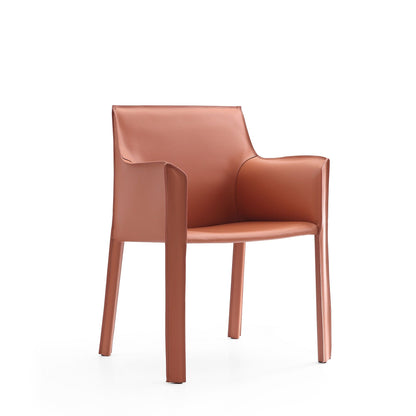Vogue dining chair with light brown leather upholstery and slim metal frame, arm chair on Tampa Home & Garden Store