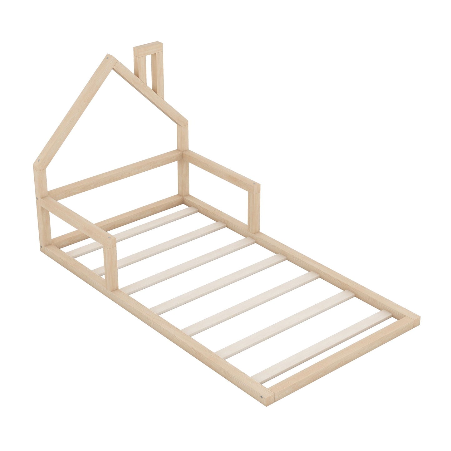 Floor bed with house-shaped headboard in natural wood, slatted platform frame, HouseOfZazla on Tampa Home & Garden Store