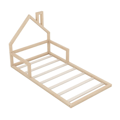 Floor bed with house-shaped headboard in natural wood, slatted platform frame, HouseOfZazla on Tampa Home & Garden Store
