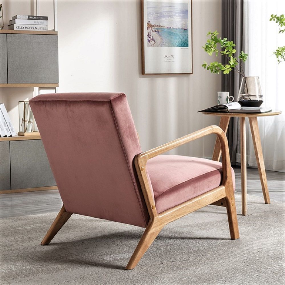 Arm Chair HouseOfZazla with pink velvet cushioning and open wood frame in modern style on Tampa Home & Garden Store