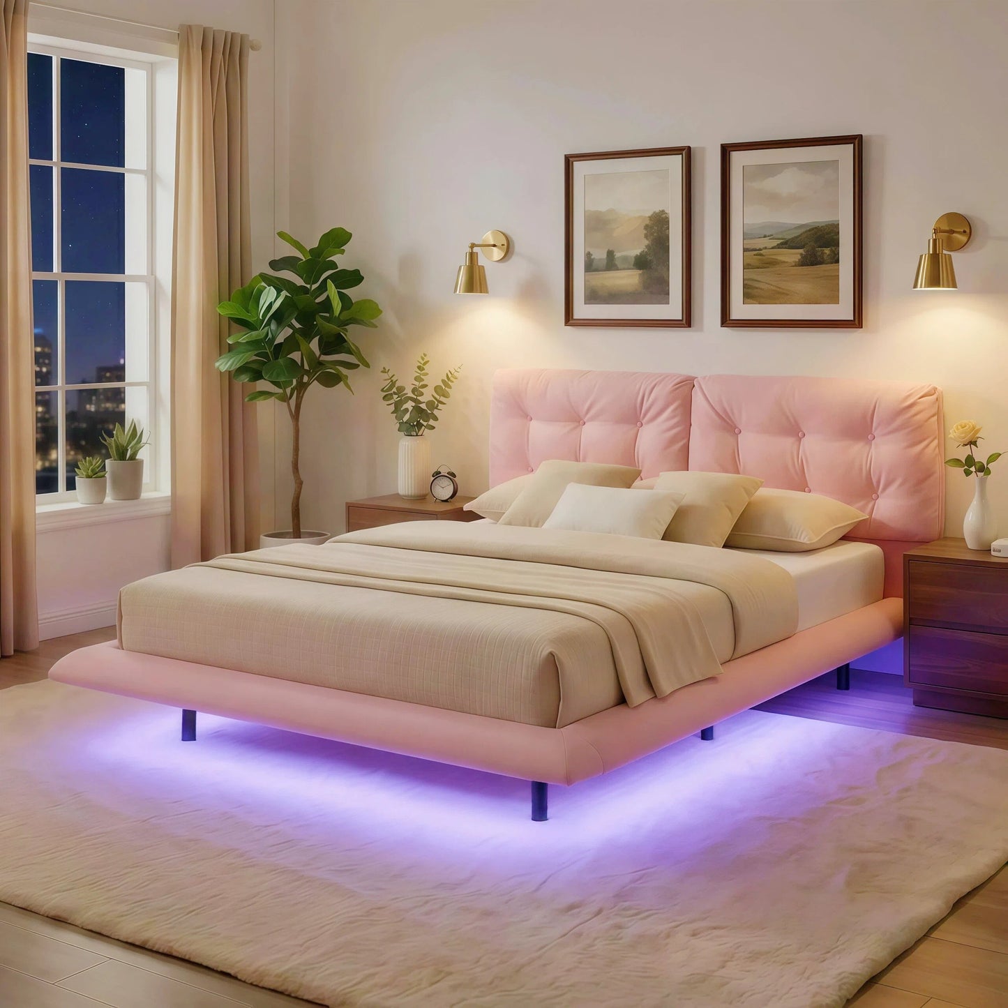 Queen Size Upholstered Bed Frame with Led Lights