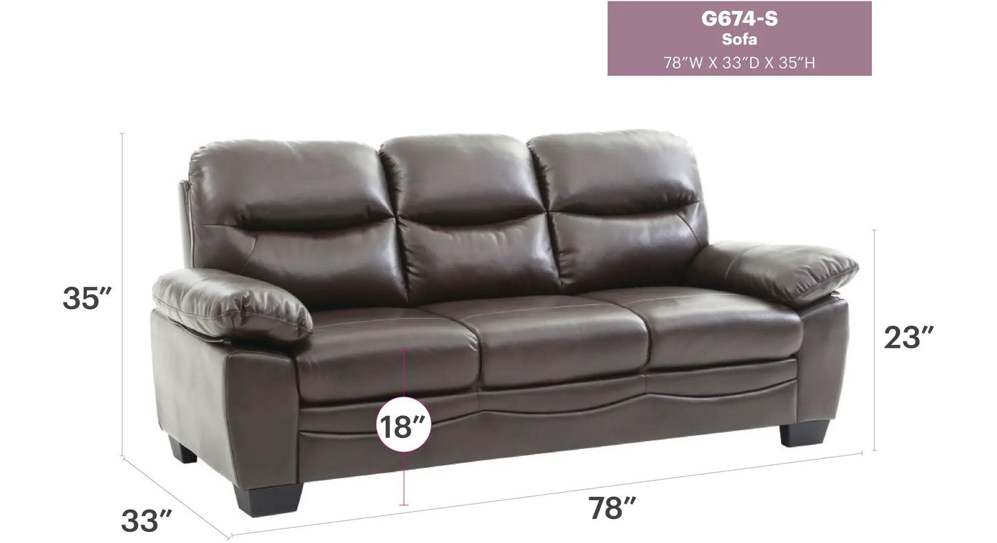 Marta Sofa by Unique Piece Furniture, brown leather stationary sofa with padded arms, 78W x 33D x 35H on Tampa Home & Garden Store