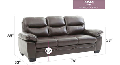 Marta Sofa by Unique Piece Furniture, brown leather stationary sofa with padded arms, 78W x 33D x 35H on Tampa Home & Garden Store
