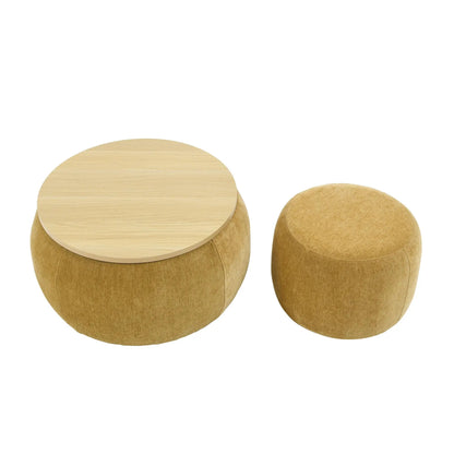 3 round storage ottomans with wood tops and tan fabric bases by Unique Piece Furniture on Tampa Home & Garden Store