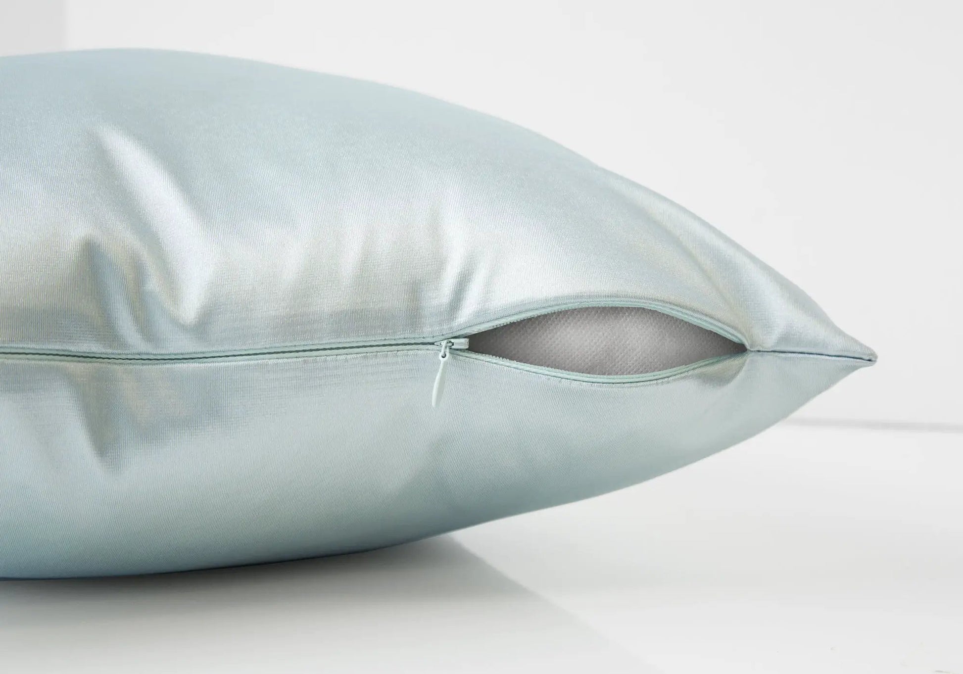Square throw pillow in light blue satin with zipper cover insert included on Tampa Home & Garden Store