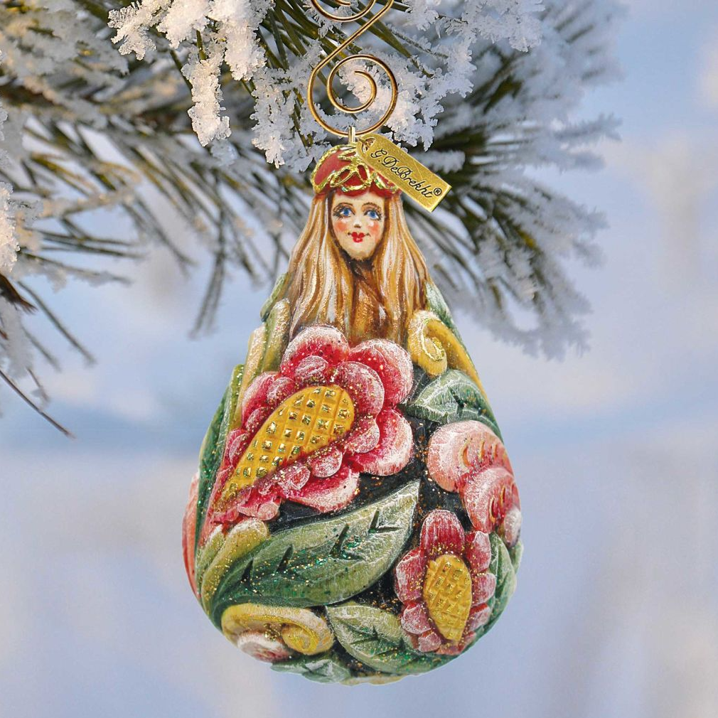 Flower Maiden Bell Ornament by G. DeBrekht with pink flowers on green leaves on Tampa Home & Garden Store