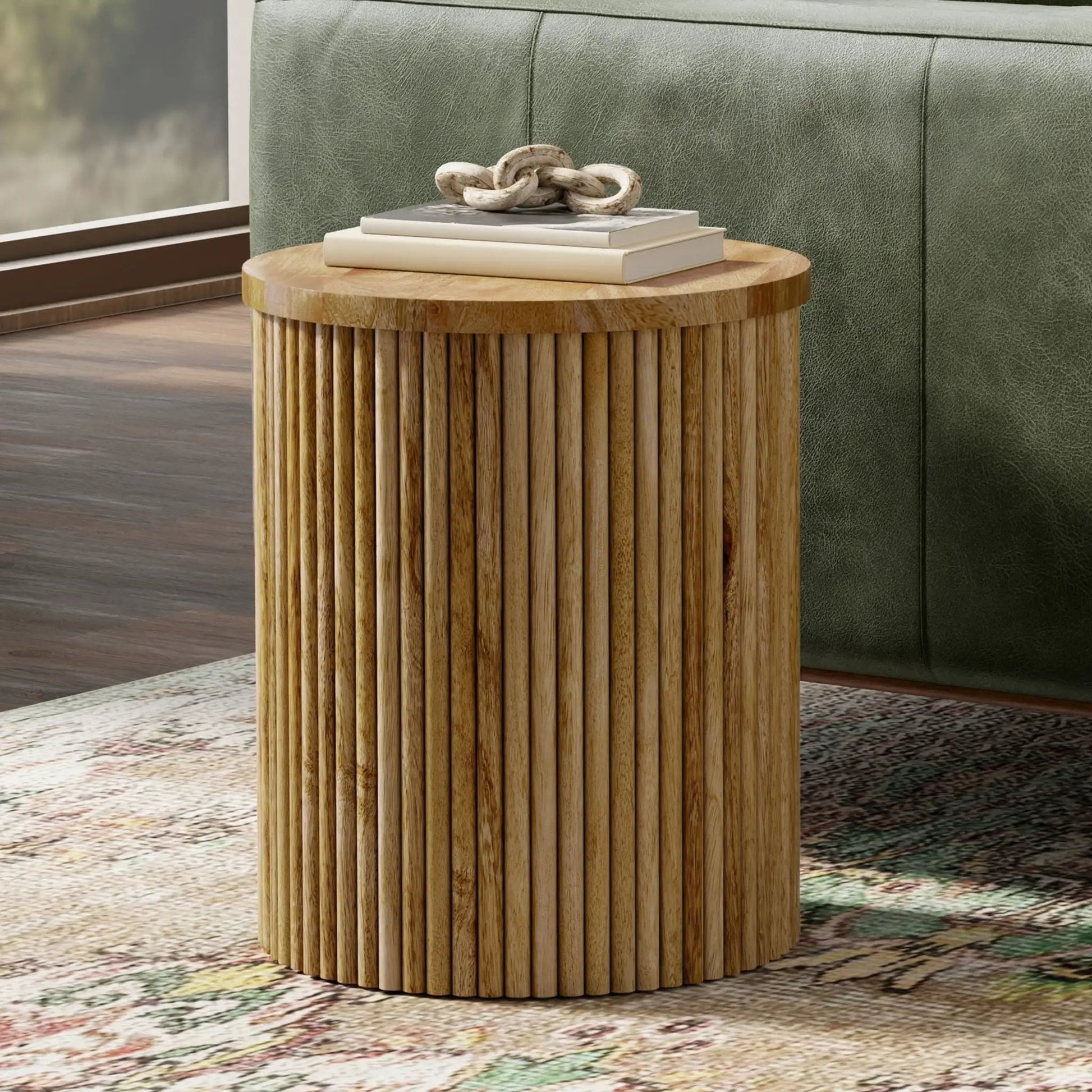 Demy Handcrafted Metal Accent Table, round wooden pedestal, books and knot decor on Tampa Home & Garden Store