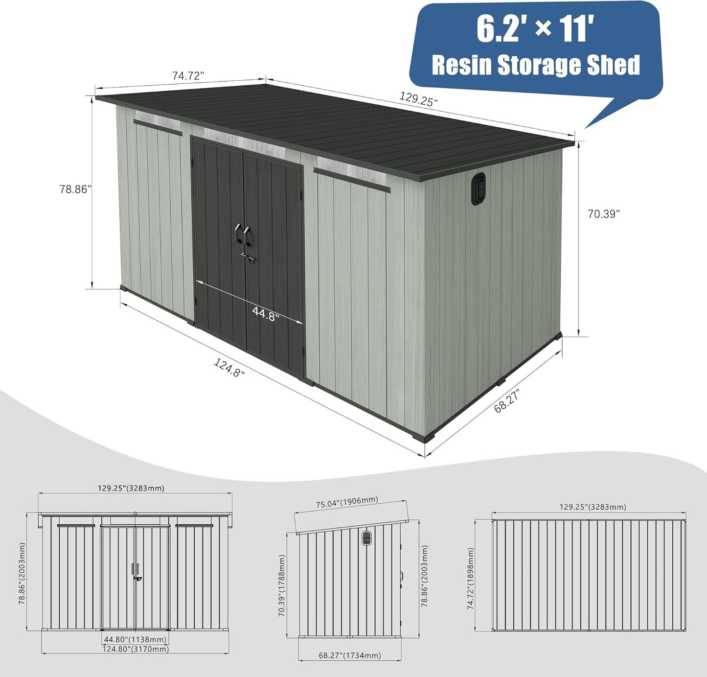 HouseOfZazla 6x11ft outdoor resin storage shed with dark gray doors and gray siding on Tampa Home & Garden Store