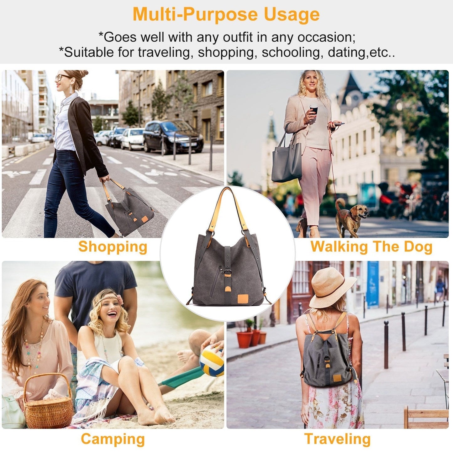 GemGear Ladies Canvas Tote Bag gray body with tan handles adjustable strap, convertible backpack on Tampa Home & Garden Store