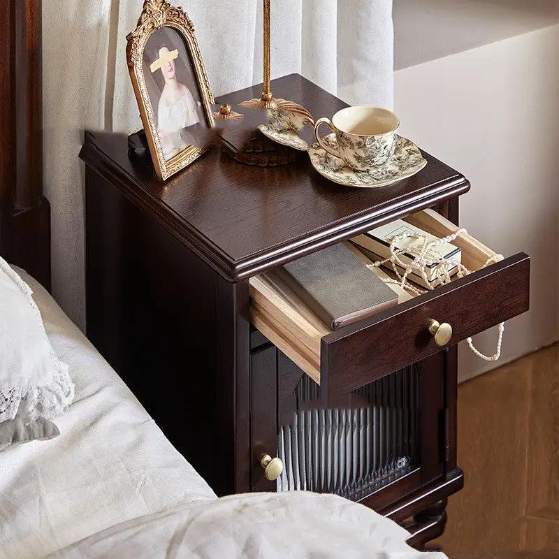 American-style solid wood bedside table with brass knobs, single top drawer and glass-front cabinet on Tampa Home & Garden Store