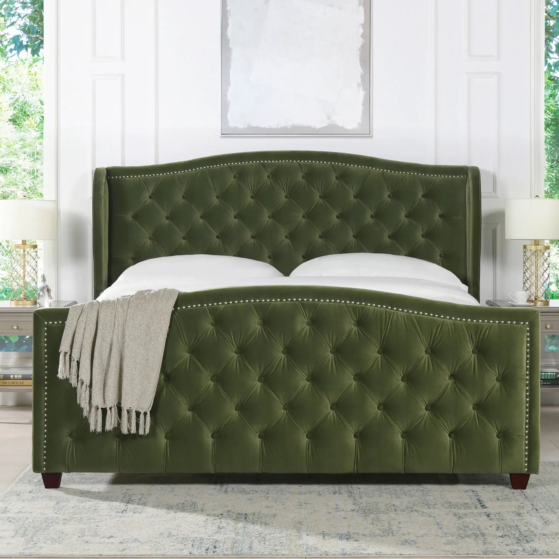 Marcella upholstered shelter bed set in dark green velvet with tufting and nailhead trim on Tampa Home & Garden Store