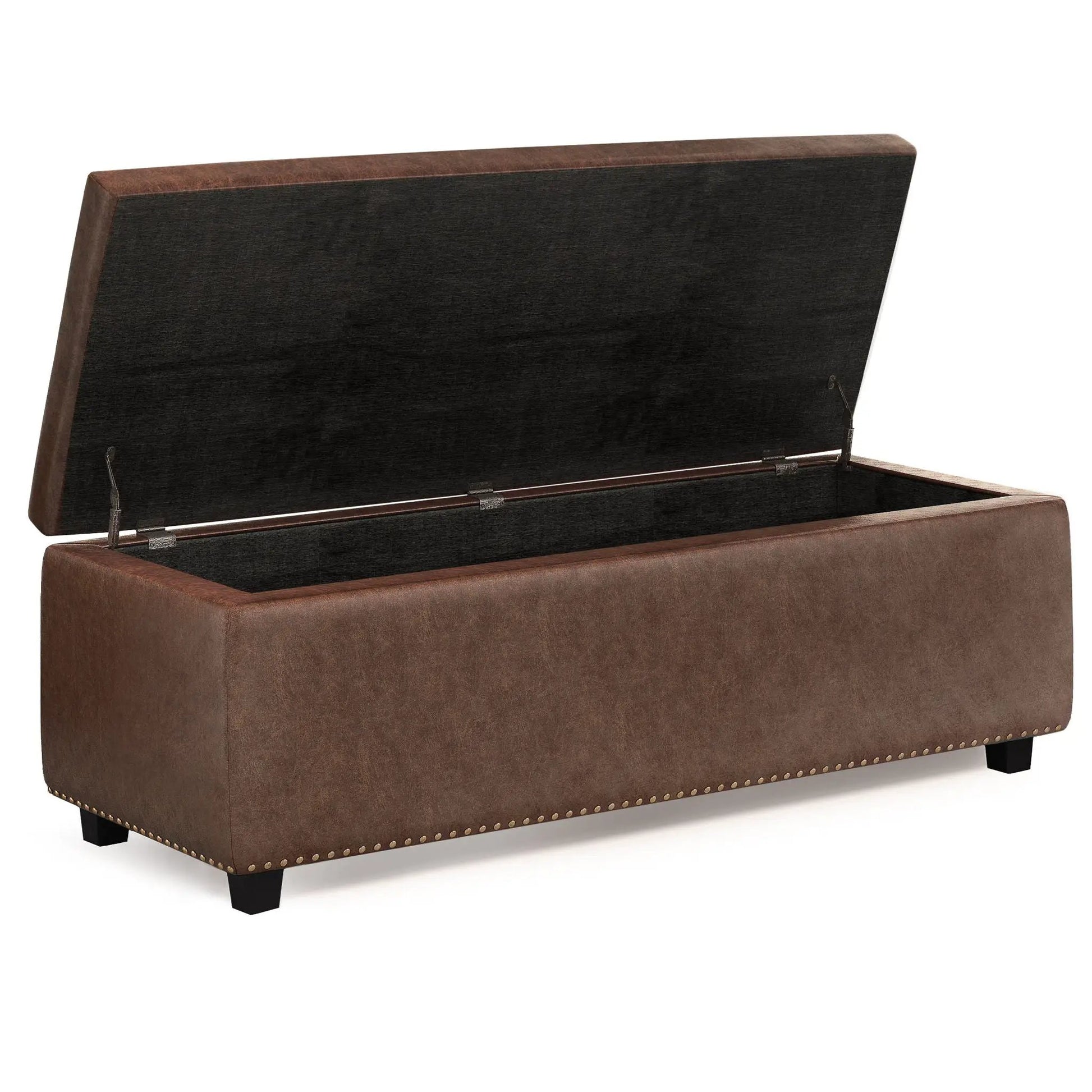 Hamilton Upholstered Storage Ottoman, brown faux leather exterior with nailhead trim, lid open on Tampa Home & Garden Store