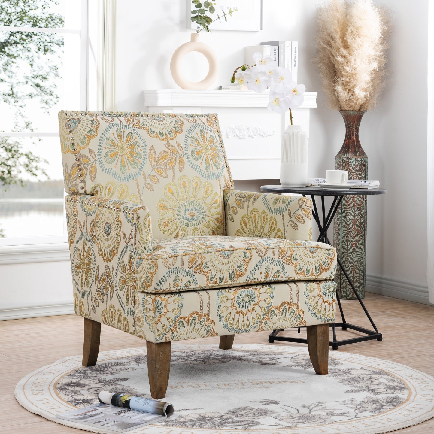 Accent chair with beige floral upholstery and dark wood legs for living room furniture on Tampa Home & Garden Store
