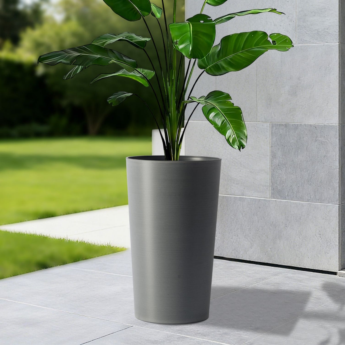 Planter For Outdoor gray cylindrical outdoor planter with tall green leafy plant HouseOfZazla on Tampa Home & Garden Store