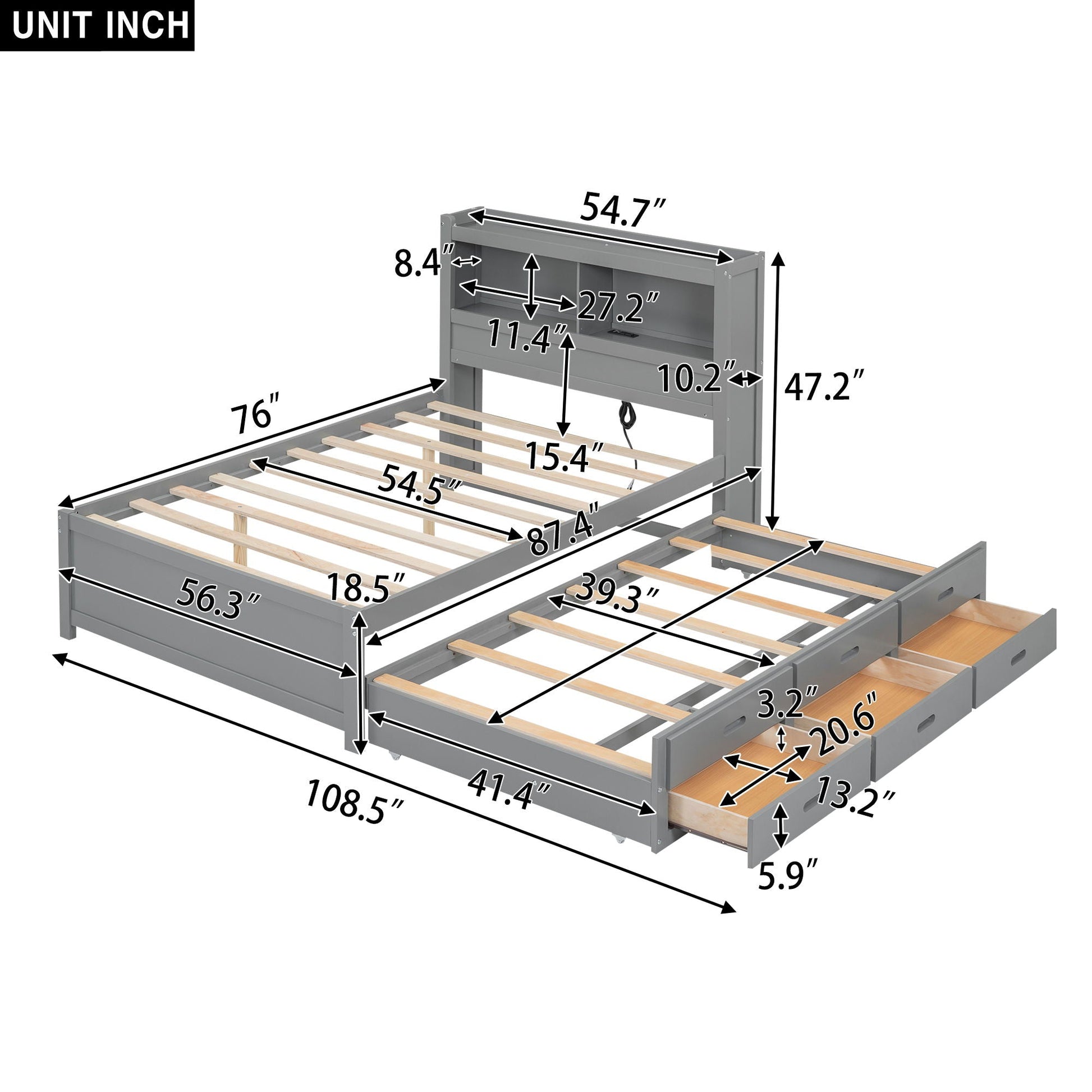 Full-size gray platform bed with trundle, storage drawers, USB ports and built-in shelves on Tampa Home & Garden Store