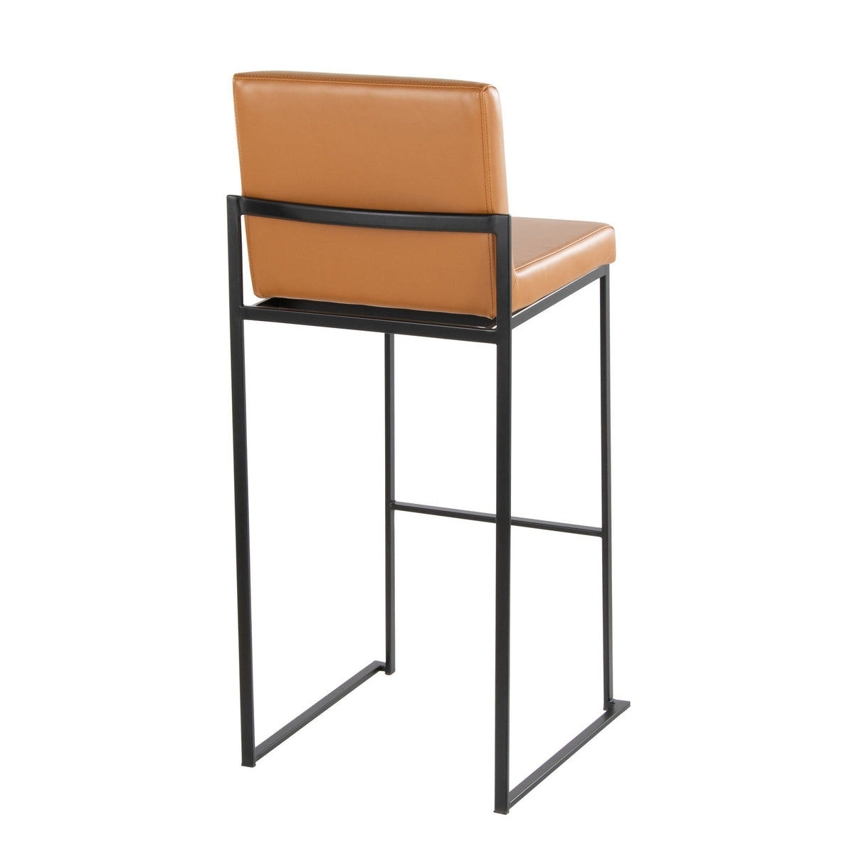 High-back barstool with tan leather upholstery and black metal frame on Tampa Home & Garden Store
