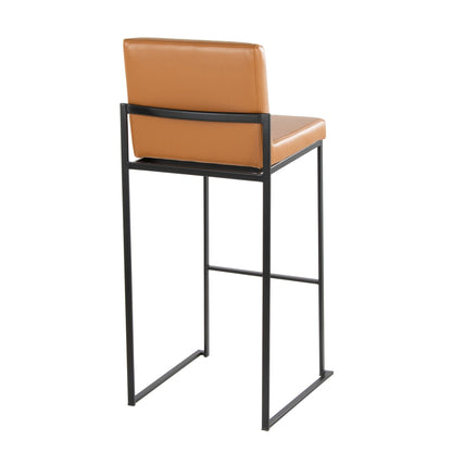 High-back barstool with tan leather upholstery and black metal frame on Tampa Home & Garden Store